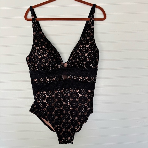 Swimsuits for All Size 18 Black & Beige Lace Illusion One Piece Swimsuit - Picture 1 of 11